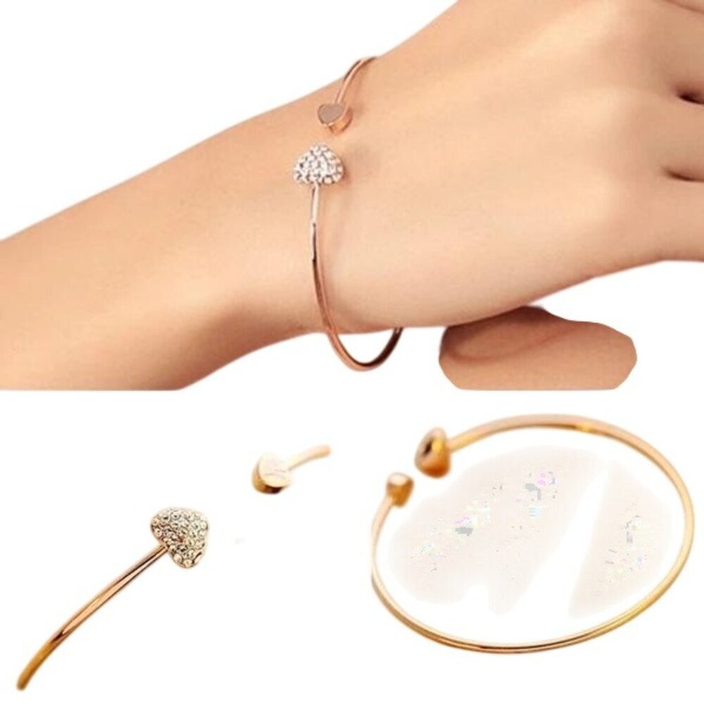 Women’s Rhinestone Love Heart Bangle‎ Cuff Bracelet For Women - Open End